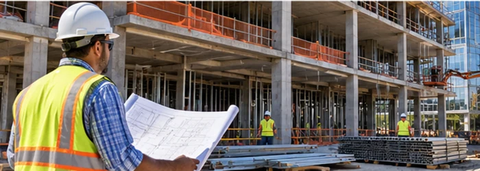 Architect in safety gear reviews a building drawing beside an active construction frame to check how the design is being built.