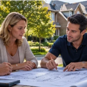 Homeowners and an architectural control committee member review renovation plans beside a residential street, illustrating community design approval.