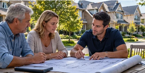 Homeowners and an architectural control committee member review renovation plans beside a residential street, illustrating community design approval.