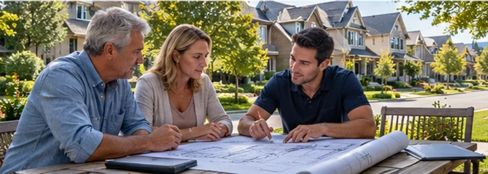 Homeowners and an architectural control committee member review renovation plans beside a residential street, illustrating community design approval.
