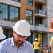 Architect, engineer, and contractor compare coordinated plans and a building model at an active construction site, aligning design with field work.