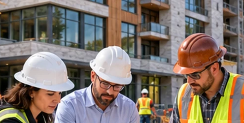 Architect, engineer, and contractor compare coordinated plans and a building model at an active construction site, aligning design with field work.