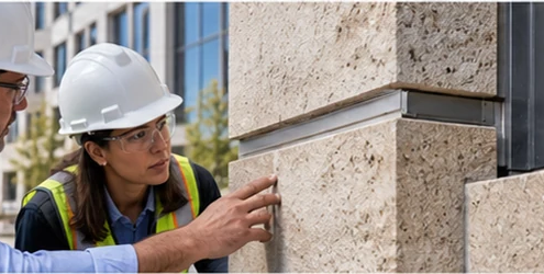 Architect and craftsperson inspect the masonry joint and stone trim at a detailed building façade.