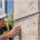 Architect and craftsperson inspect the masonry joint and stone trim at a detailed building façade.