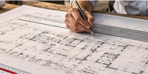 Architect drafts a measured floor plan on a drawing board with a parallel rule and scale, showing tools used to prepare precise construction drawings.