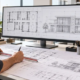 Architectural drafter checks building plans on screen and paper with a scale ruler and model.