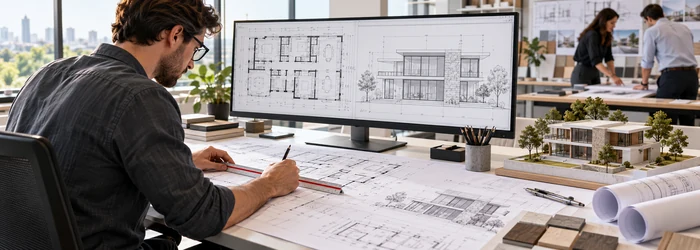 Architectural drafter checks building plans on screen and paper with a scale ruler and model.