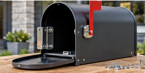 Open architectural mailbox shows its hinge and latch beside replacement screws and hardware on a workbench.