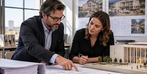 Architect and client compare a structured architectural RFP, drawings, schedule and building model to clarify deliverables for a competitive proposal.