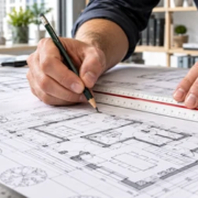 Architect uses a scale ruler to measure a building floor plan beside a small architectural model.