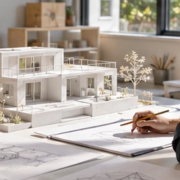 Architect studies a scale building model and concept sketches at a drafting table while shaping an early project abstract.