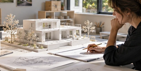 Architect studies a scale building model and concept sketches at a drafting table while shaping an early project abstract.