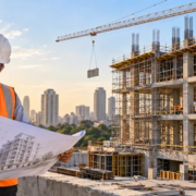 Architect and structural engineer review a building plan beside the matching concrete building frame under construction.