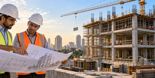 Architect and structural engineer review a building plan beside the matching concrete building frame under construction.