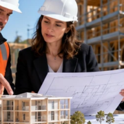 Architect and contractor compare a building model with plans at an active project site, linking design choices to field construction.