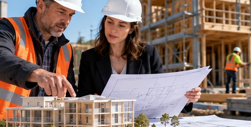 Architect and contractor compare a building model with plans at an active project site, linking design choices to field construction.