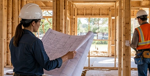 Architect checks a house framing plan while a contractor examines the framed openings, connecting design documents to construction work.