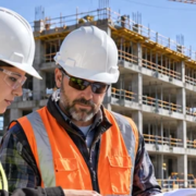 Architect and construction manager review plans at an active construction site.