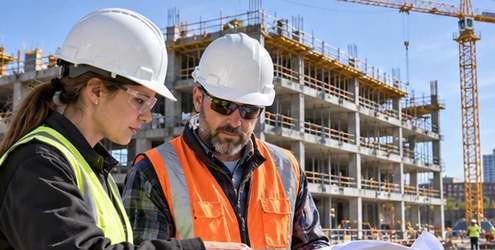 Architect and construction manager review plans at an active construction site.