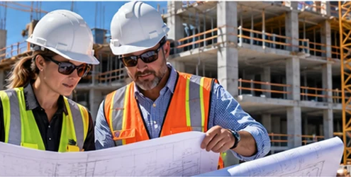 Architect and construction manager compare a blueprint with the building frame under construction behind them, illustrating design and execution working together.