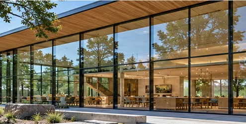 Modern glass-fronted building with its bright interior visible through transparent glazing and trees reflected across the façade.