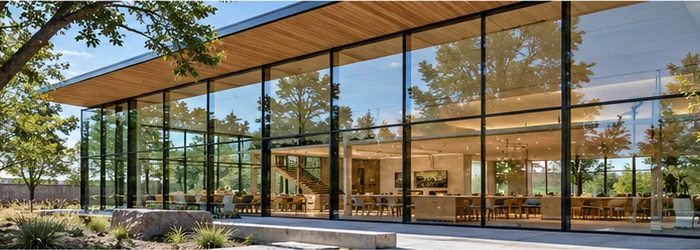 Modern glass-fronted building with its bright interior visible through transparent glazing and trees reflected across the façade.