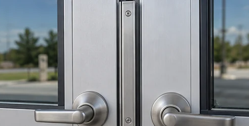 Close view of paired doors showing the narrow astragal strip at the meeting edges beside the handles and latch hardware.