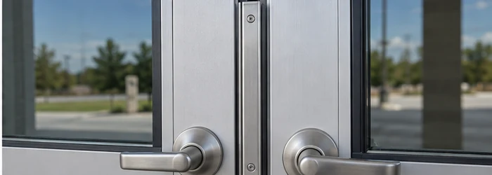 Close view of paired doors showing the narrow astragal strip at the meeting edges beside the handles and latch hardware.