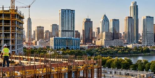 Commercial office tower rises with cranes above the Austin skyline, illustrating the city’s active commercial construction market.