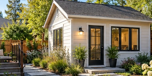 Detached backyard cottage with a private path beside the main home illustrates a small back house or accessory dwelling unit.