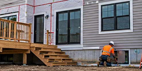 Builders finish siding and windows on the rear of a house under construction, with its deck and unfinished yard visible.