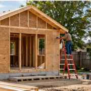 Small accessory home under construction in a backyard behind an existing residence, with framed walls and builders on site.