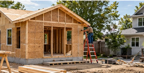 Small accessory home under construction in a backyard behind an existing residence, with framed walls and builders on site.