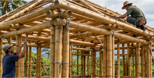 Builders assemble a bamboo house frame with strong bamboo columns and beams joined across the roof and walls.