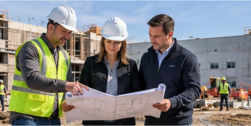 Construction company team reviews project plans with a client at a site where residential and commercial buildings are in progress.