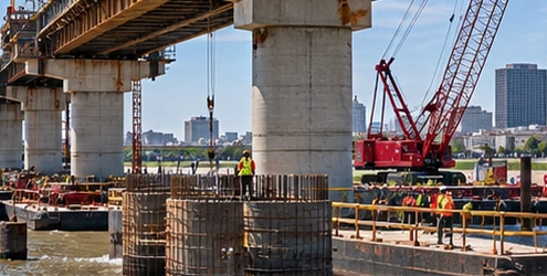 Bridge and waterfront infrastructure crews work beside the Mississippi River in New Orleans, illustrating the city’s major construction projects.