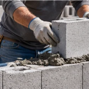 brownsey-concrete-block-construction-feature-image Mason places a concrete masonry block into a low wall, with standard concrete blocks stacked nearby.