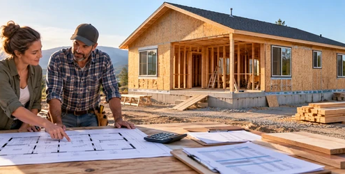 Compact starter home under construction as a homeowner and contractor review the floor plan and budget for a $150,000 build.