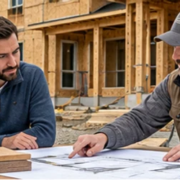 Homeowners and builder compare house plans and material samples beside a modest home under construction.
