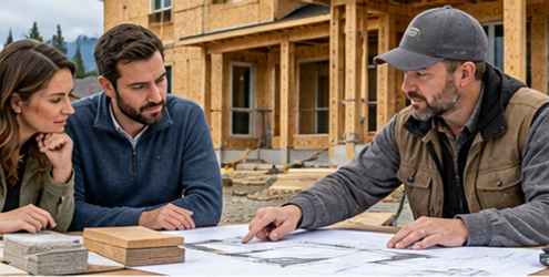 Homeowners and builder compare house plans and material samples beside a modest home under construction.