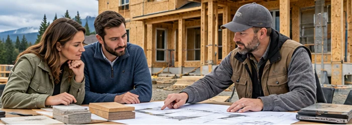 Homeowners and builder compare house plans and material samples beside a modest home under construction.