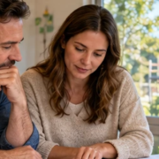 Homeowners review new-house plans in their current home while the separate new house is framed outside.