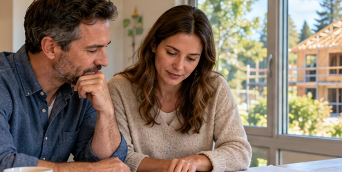 Homeowners review new-house plans in their current home while the separate new house is framed outside.