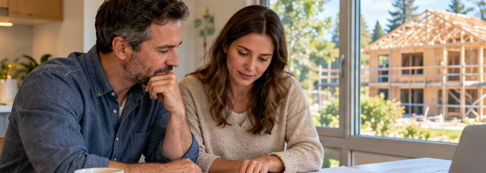 Homeowners review new-house plans in their current home while the separate new house is framed outside.