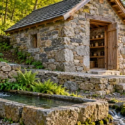 Small stone spring house raised above a lined water channel, with a pitched roof and clear drainage path from a natural hillside spring.
