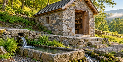 Small stone spring house raised above a lined water channel, with a pitched roof and clear drainage path from a natural hillside spring.
