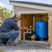 Insulated well house protecting a domestic pump and pressure tank from weather, with a technician checking the valve