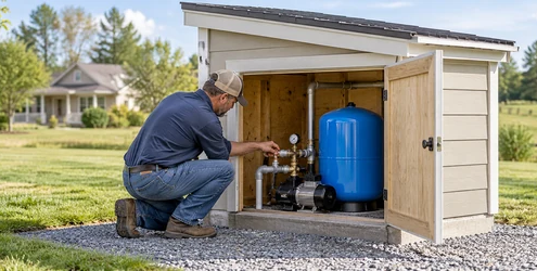 Insulated well house protecting a domestic pump and pressure tank from weather, with a technician checking the valve