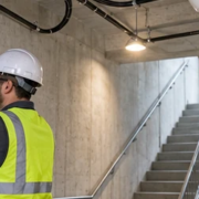 Technician installs a bidirectional amplifier and distributed antenna cabling in a commercial stairwell while a firefighter tests a portable radio.