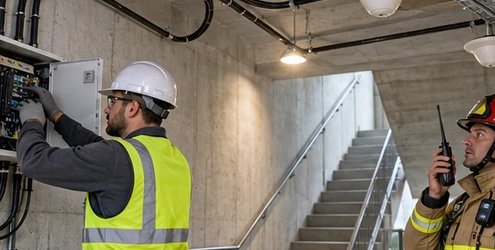 Technician installs a bidirectional amplifier and distributed antenna cabling in a commercial stairwell while a firefighter tests a portable radio.